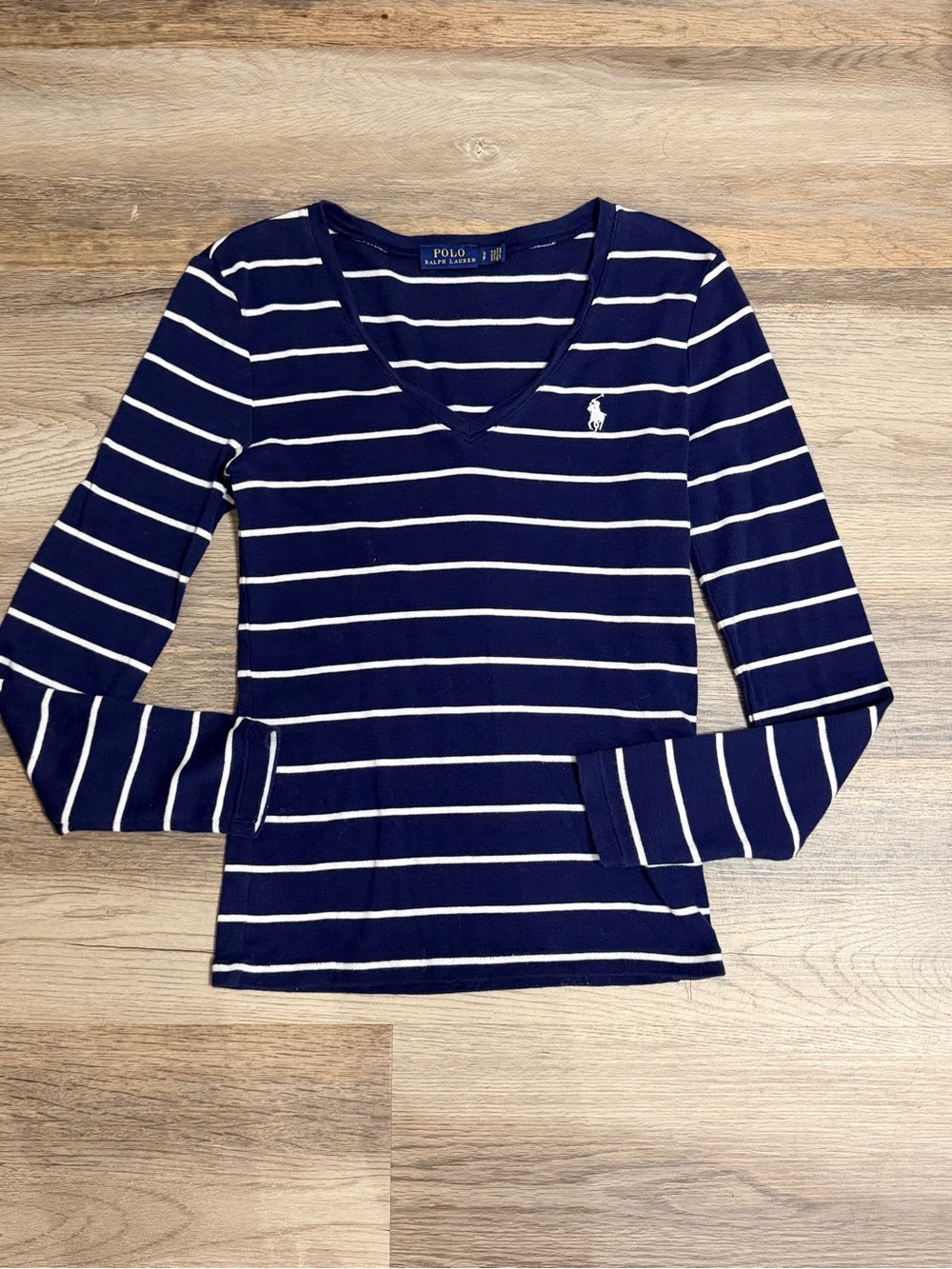 Ralph Lauren Navy and White Striped V‑Neck Knit Top